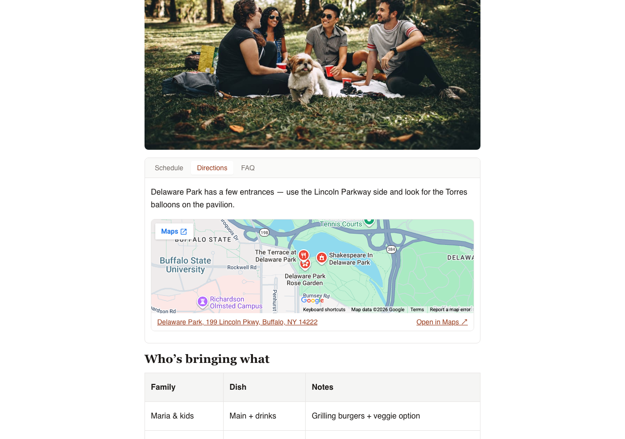 An event website's Directions tab with an embedded map and address