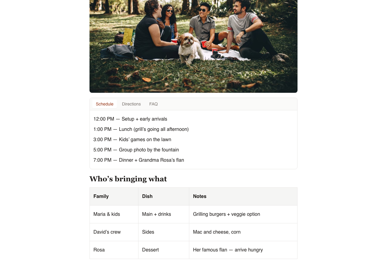 An event website with a tabbed schedule section and a table showing who's bringing what