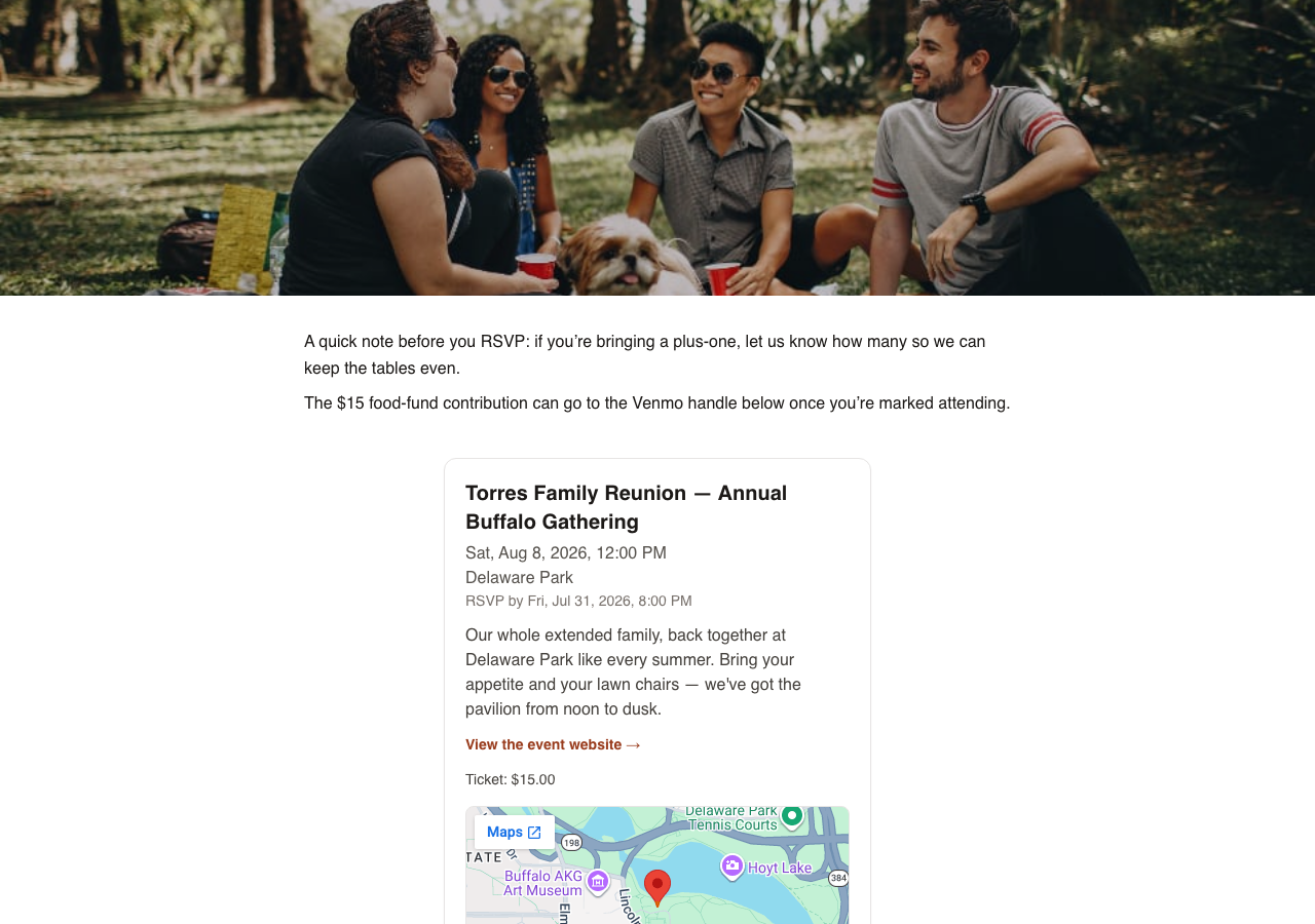A guest RSVP page opened from an invite link, no login required