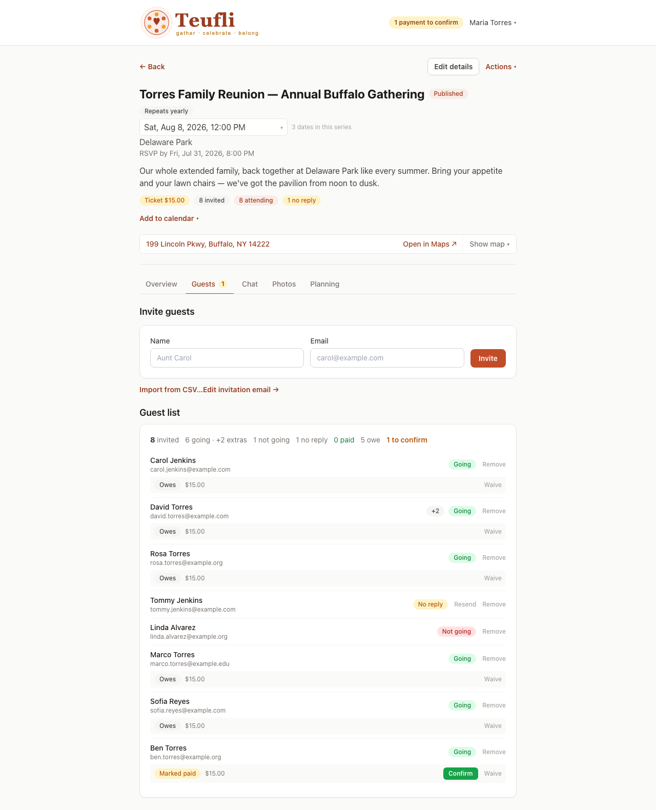 Teufli guest list showing RSVP status and payment status for each guest