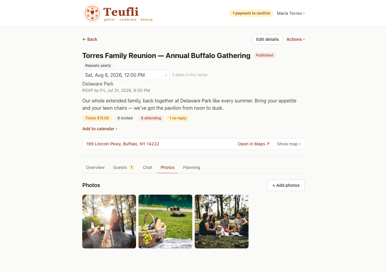 A shared event photo gallery with several uploaded photos