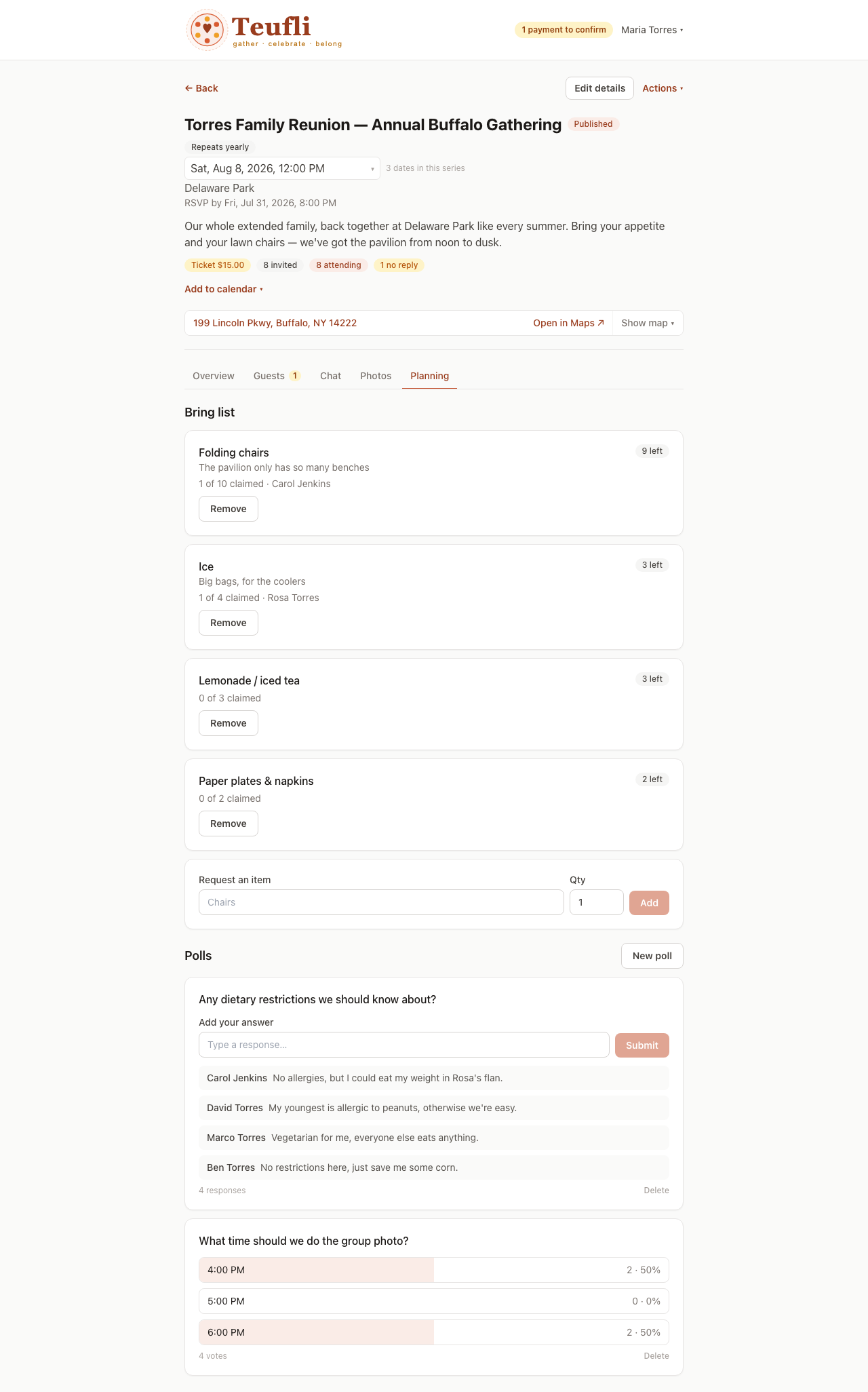An event's Planning tab with a text poll and a choice poll showing live results, alongside the bring list